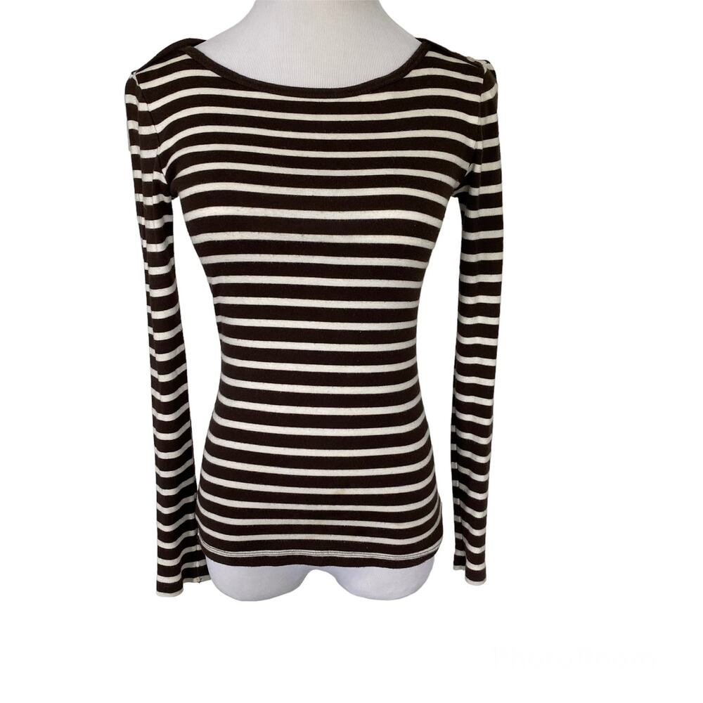 GAP XS Boat Neck Brown White Stripe Long Sleeve Shirt Top Button Detail